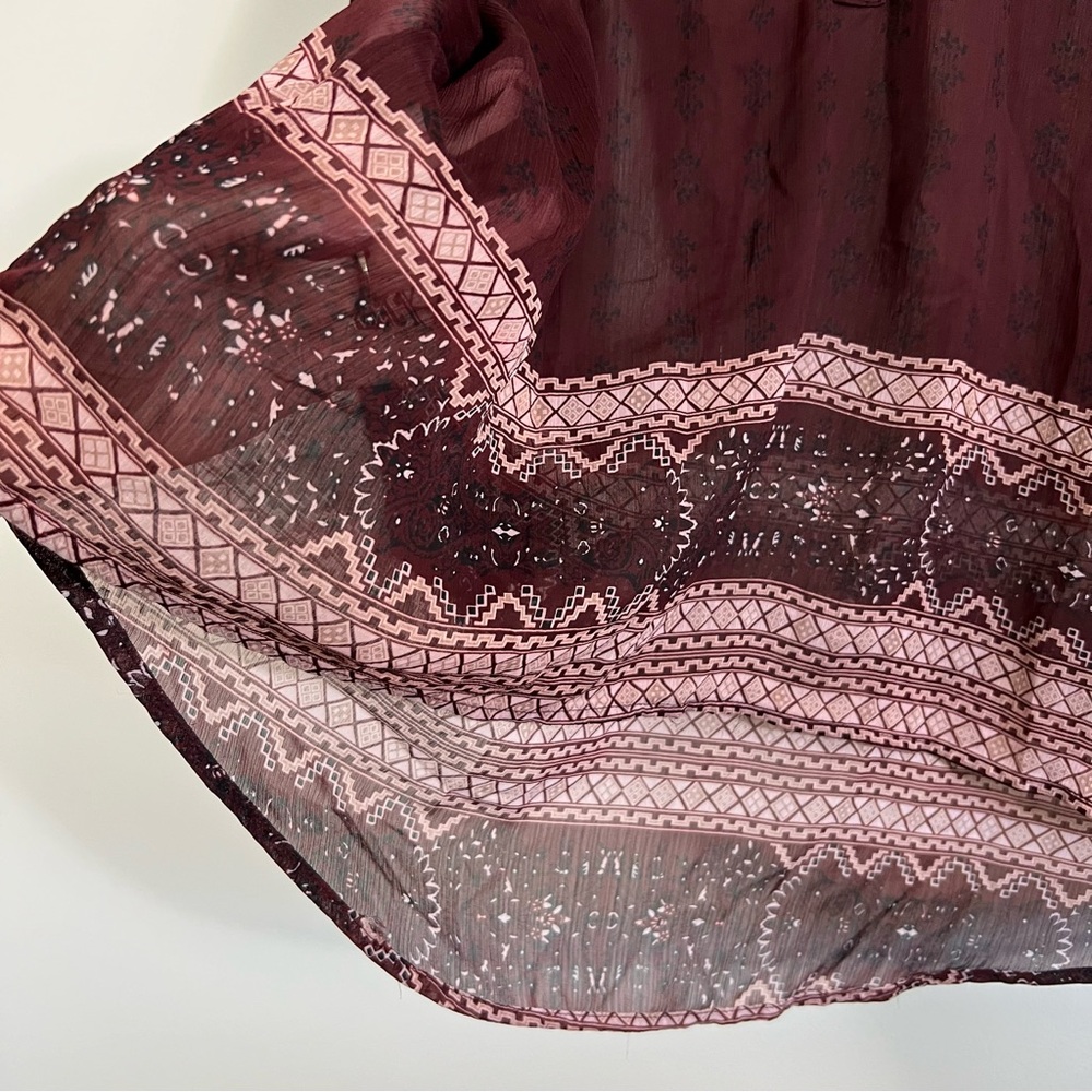 Knox Rose Boho Tunic Top Size 1X Maroon Sheer Collarless Long Sleeve Henley - Picture 9 of 14